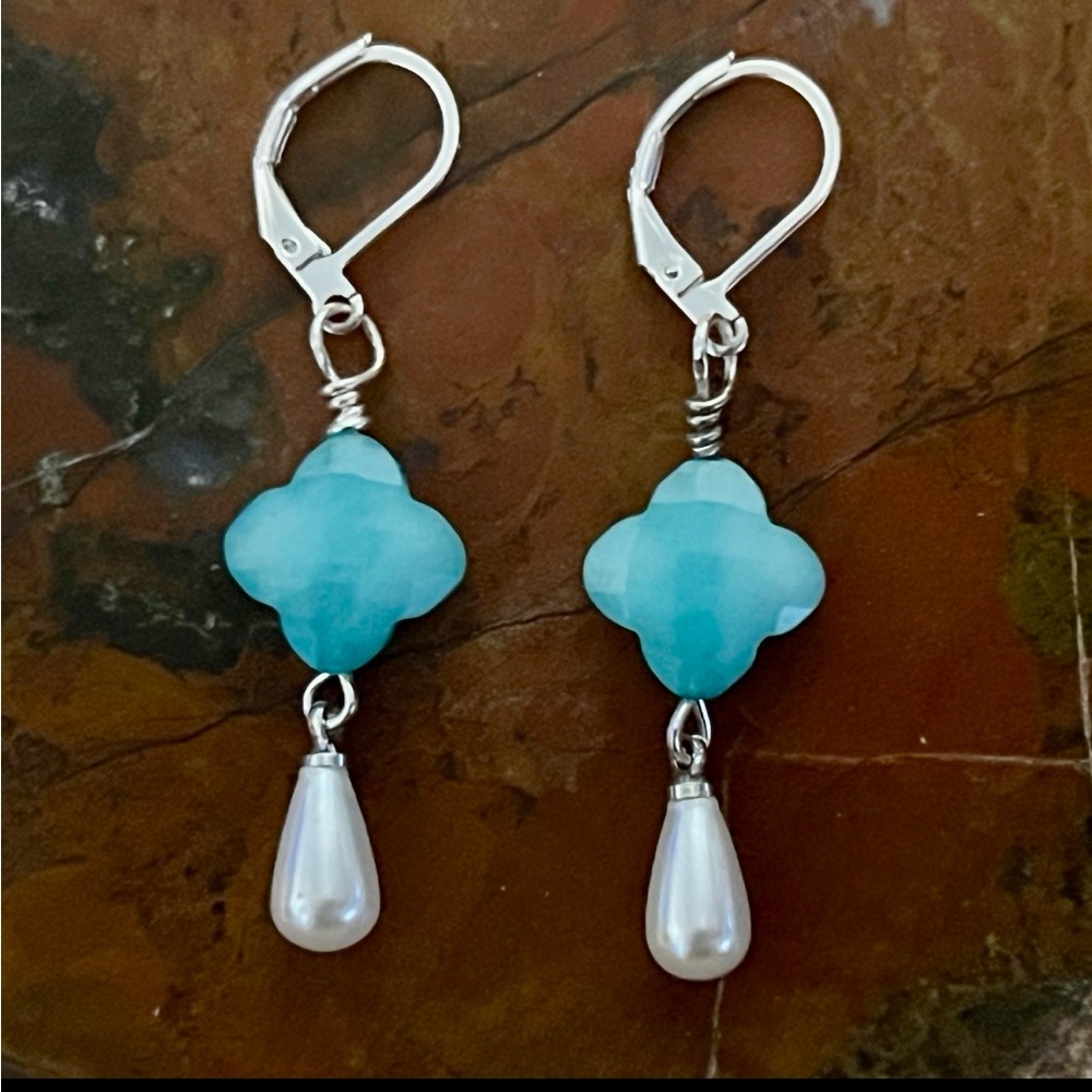 New Gorgeous Amazonite Clover Bead & Imitation Pearl Teardrop Earrings
